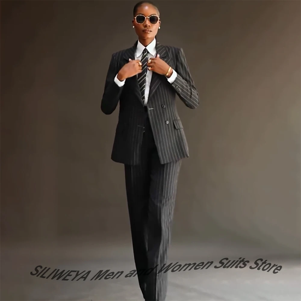 Elegant Women's Black Pinstripe Double Breasted Suit Set 2 Piece Jacket Pants Formal Office Wear Classic Evening Party Outfit