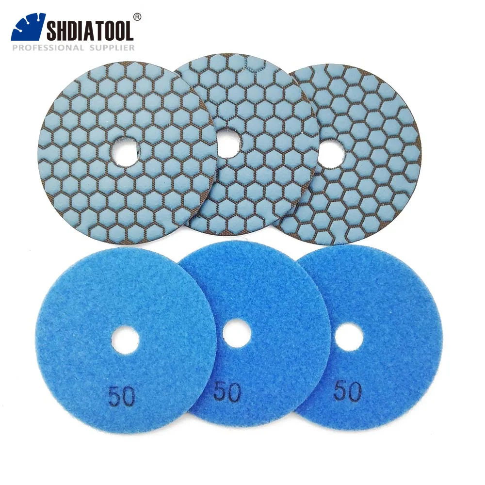 SHDIATOOL 6pcs Dia 4inch Resin Bond Diamond Flexible Polishing Pads Grit #50 100mm Dry Stone Sanding Disc Granite Marble Ceramic