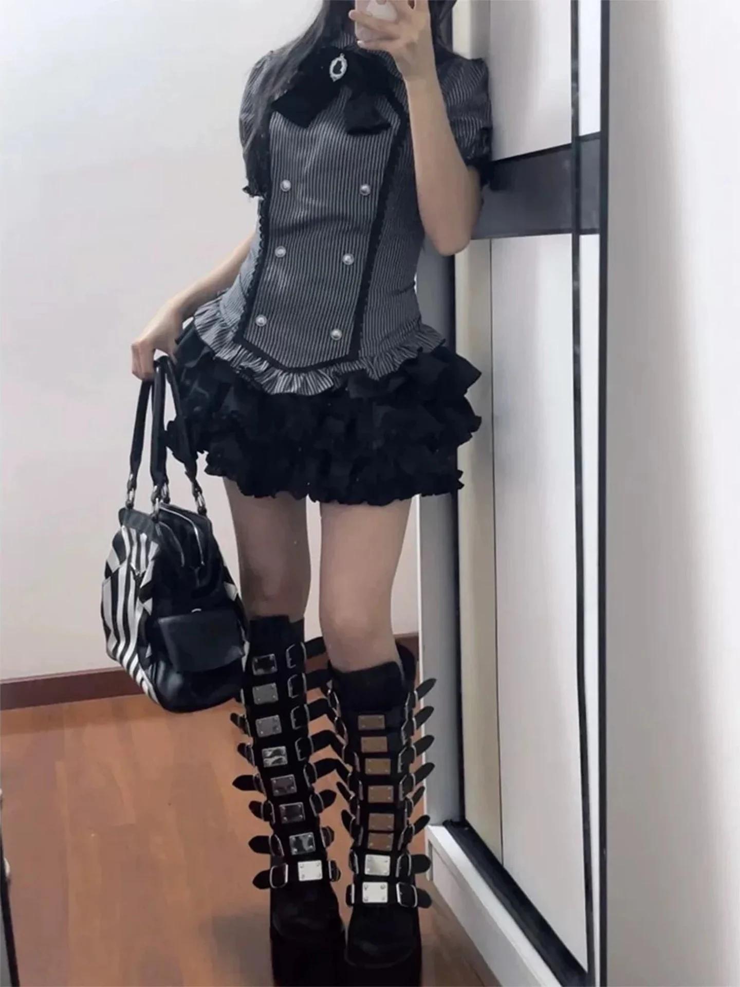 Gothic Stripe  Knot Short Sleeve Shirt Women Summer Subculture Lace Puffy Cake Short Skirt Two Piece Set Fashionable...
