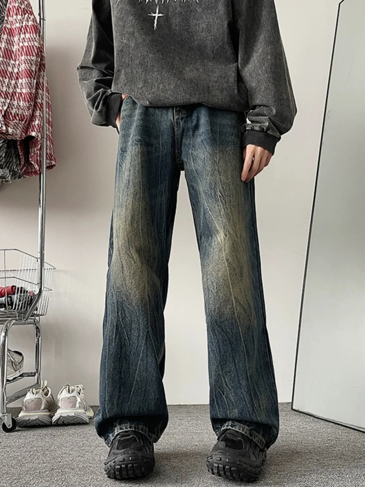 

Retro American Denim Jeans Men's Spring Autumn Loose Wide Leg Pants Washed Straight Floor-Length Trousers Trendy Streetwear