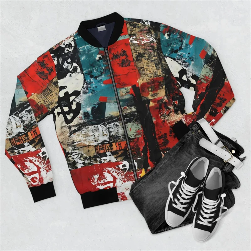 Harjauku Japanese Style Graffiti Art Street Men\'s Oversized 3D Jacket Cool Design New Long Sleeve Zipper Sweater Bomber Jackets
