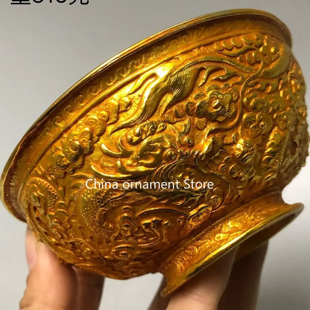 Antique gold-plated gilt-plated 24k gold Shuanglong gold bowl Qianlong home ornaments decorative display antique collections