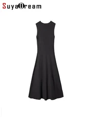 SuyaDream, Women Winter Dresses, 50%Merino Wool O Neck Sleeveless Slim Long Dress, 2024 Fall Elegant Sweater, Beige Black