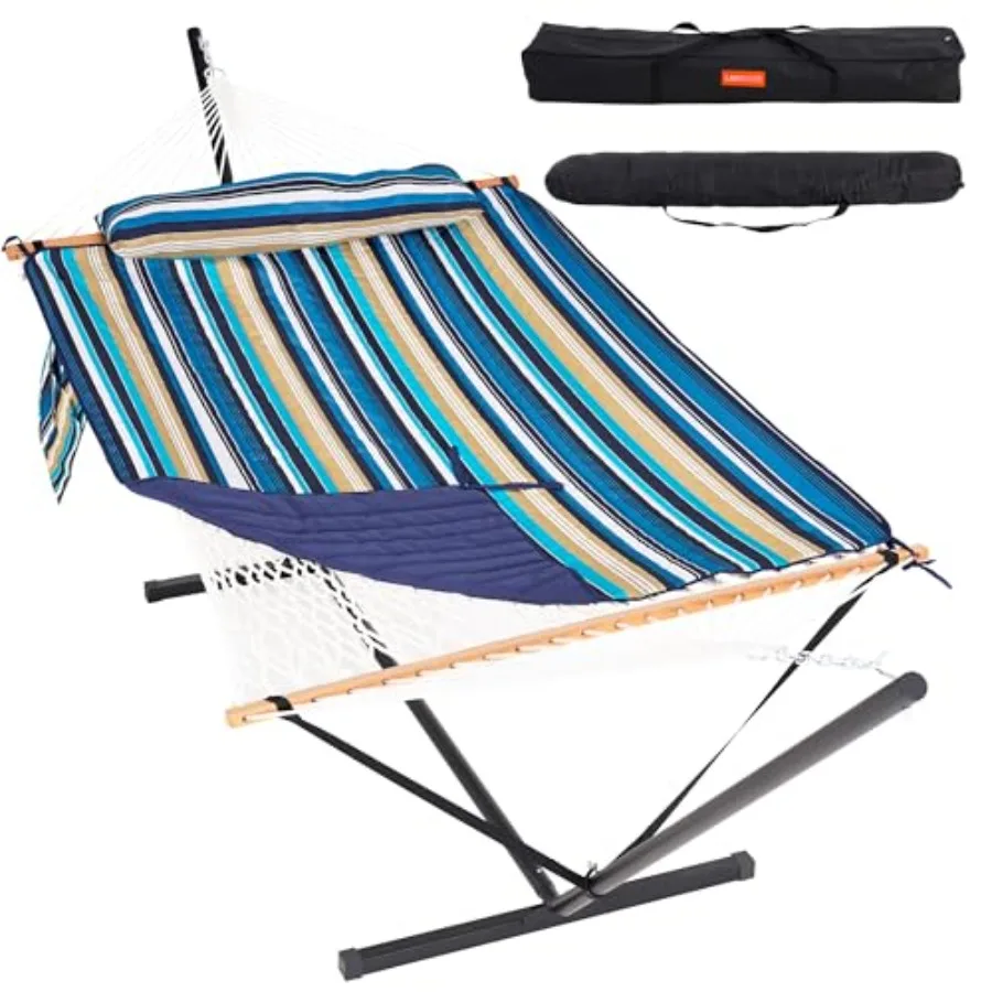 

Двухместный портативный гамак с 12-футовой стойкой, двойной гамак из хлопкового каната ручной работы с отстегивающейся стеганой подушкой для использования на улице