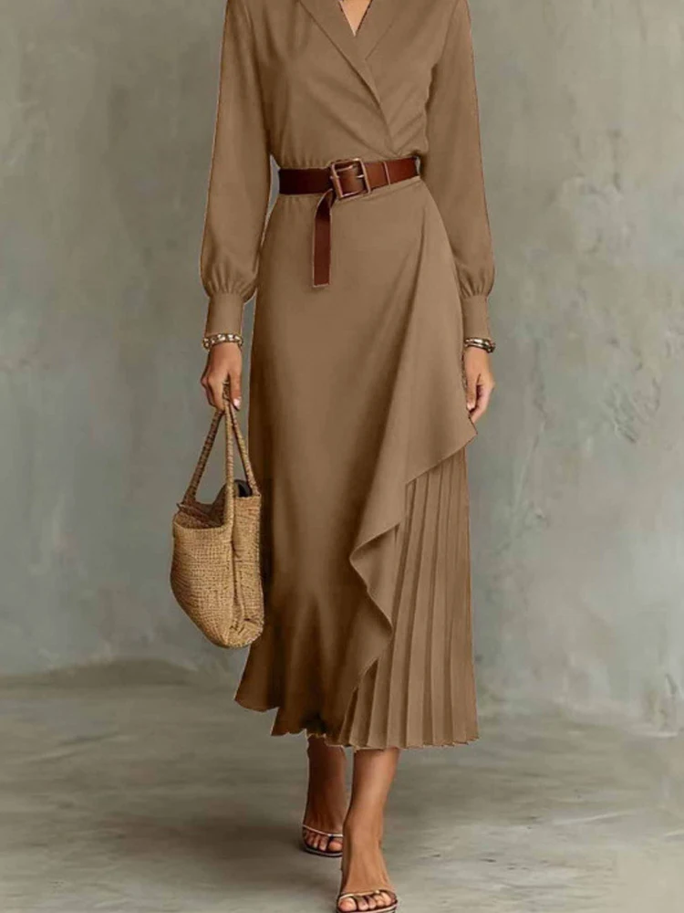 

Fashion Draped Splicing Solid Long Dress Elegant Lapel Collar Hight Waist Commuting Dress Casual Long Sleeve Women's Party Dress
