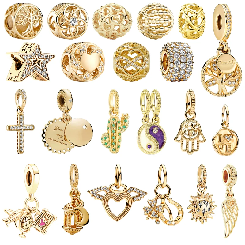 New Fine Gold The Cross of Jesus Family Tree Cactus Charm Beads Fit Original 925 Silver Pandora Bracelet DIY Women Jewelry Gifts