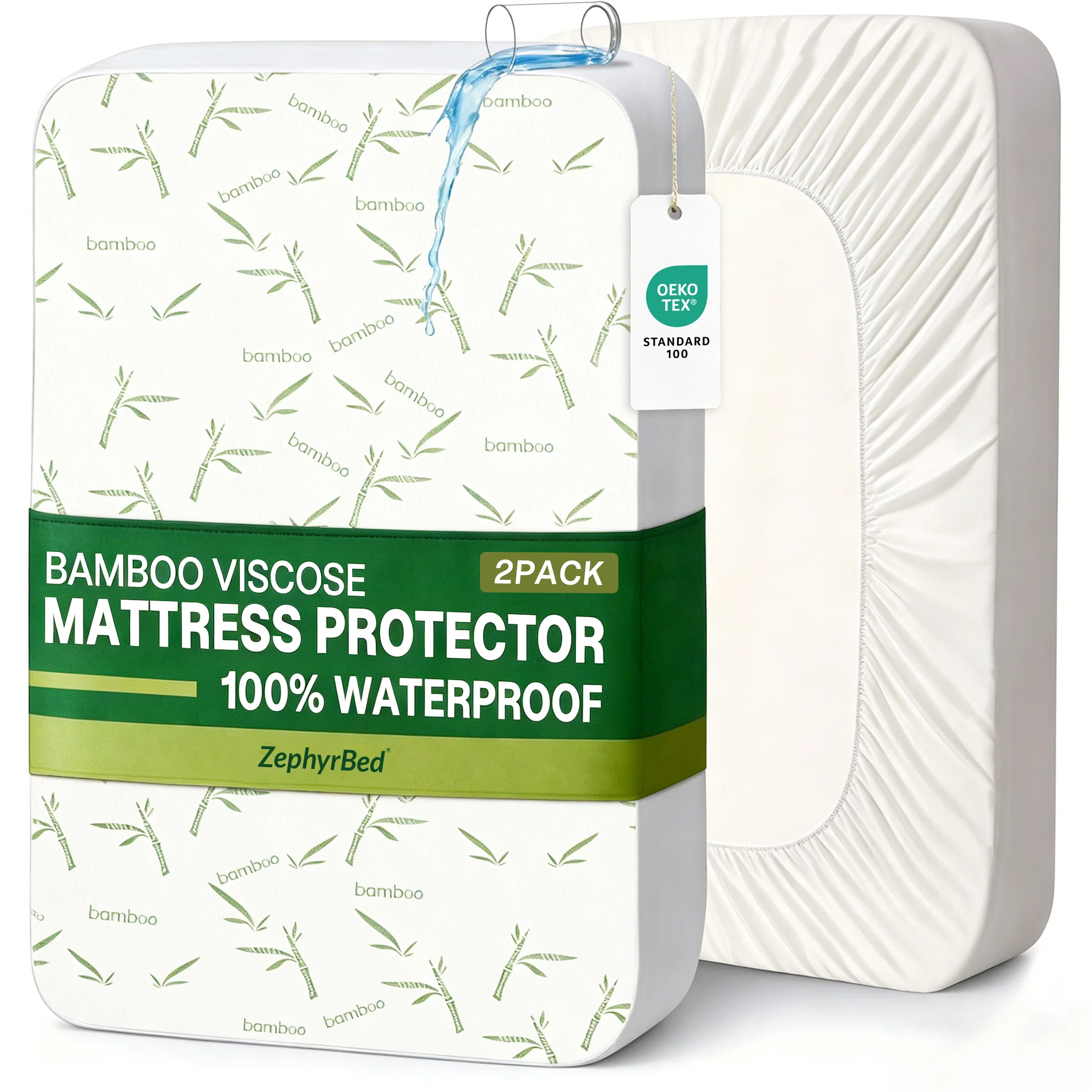 2pc Breathable Bamboo Rayon Waterproof Mattress Protector, Cooling Comfort, Hypoallergenic Mattress Pad Cover, Fits Up to 38cm
