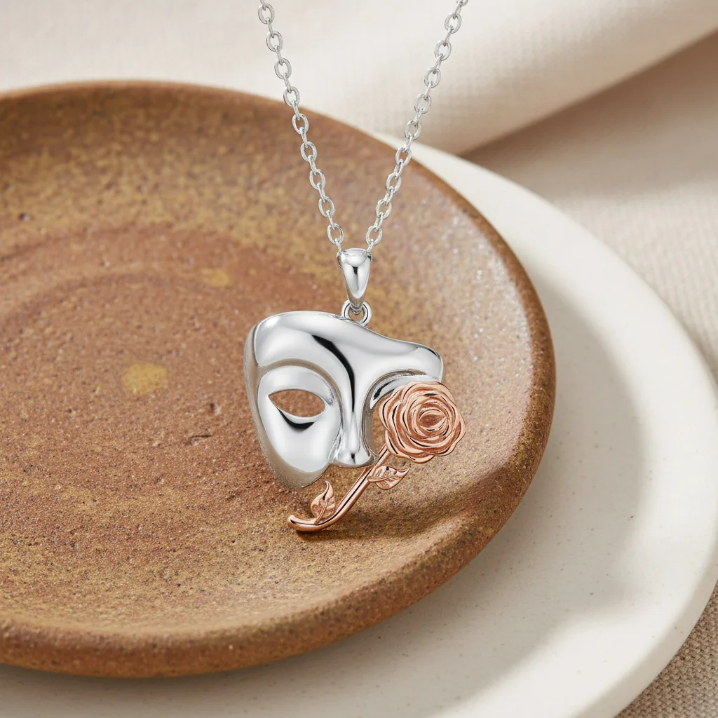 Stainless Steel Chain Phantom of the Opera Mask Rose Pendant Necklace Two Tone Fashion Jewelry for Women Masquerade Gift