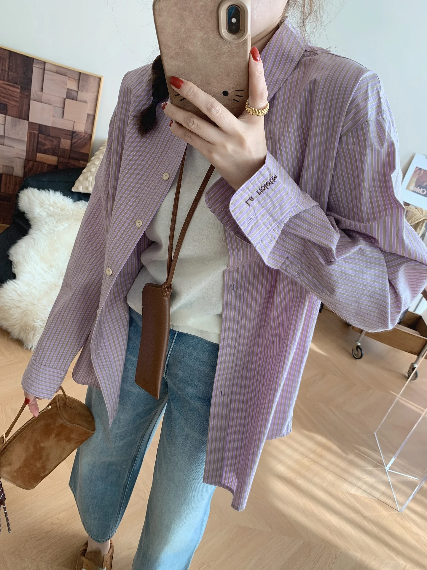 

Spring Korean Sle Loose Fit Long Sve Striped Embroidered irt Women's Faionable Versatile Design Breathable Sun Prote...