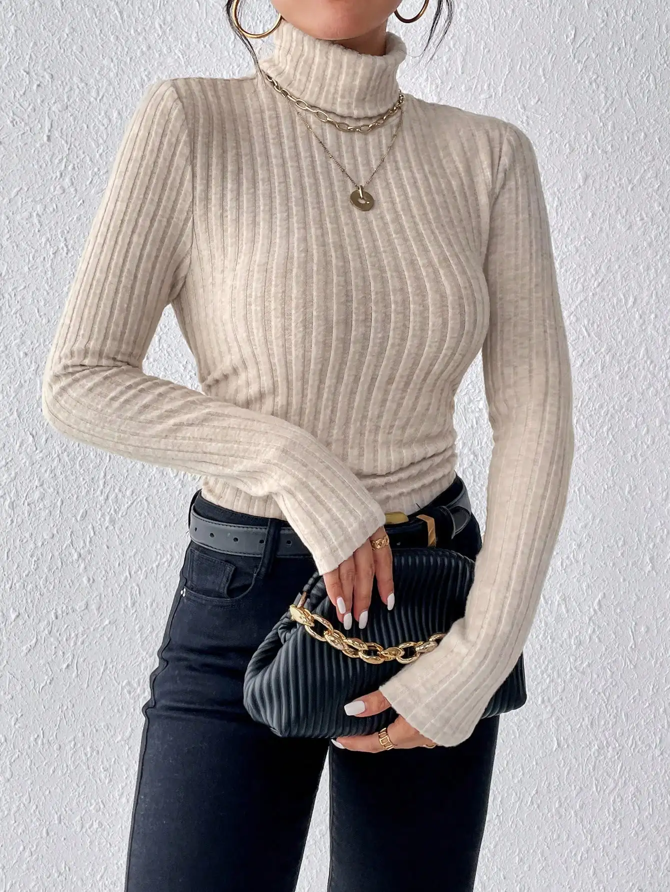 Autumn and Winter Sexy Texture Pit Stripe Slim Knit Long Sleeve Women\'s t-shirt New High Neck Women\'s Tops Casual Women\'s Tops