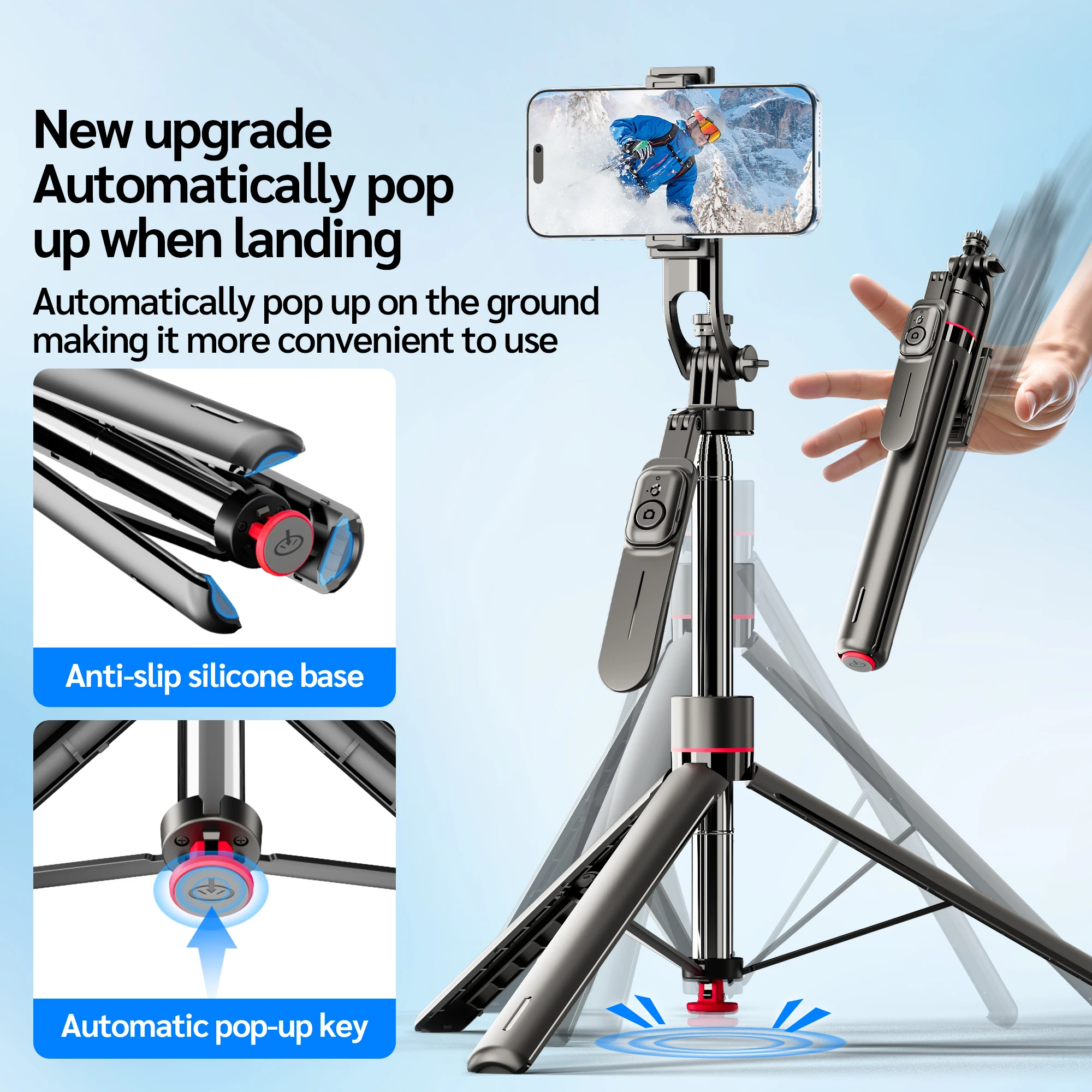 TT05 175 cm Auto Pop Open Statief Telescopische Selfie Stick Bluetooth Afstandsbediening 1/4 ''Schroef 360 °   Telefoonhouder draaien voor vlog/video