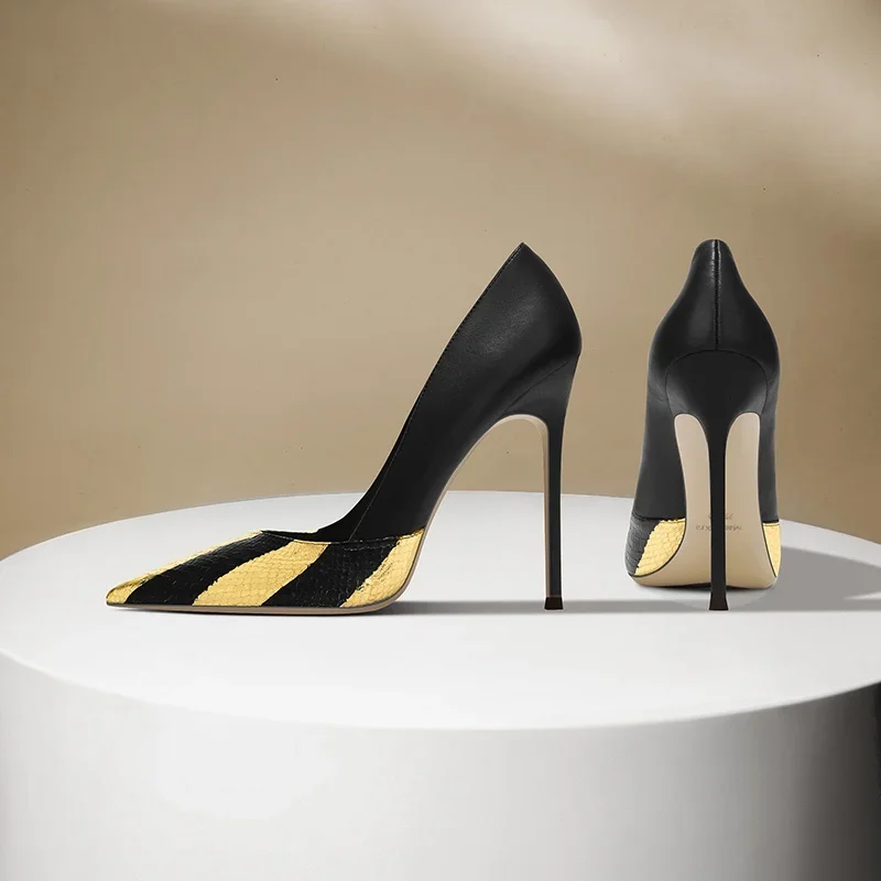 

Snakeskin Patchwork High Heel Pumps Sexy Pointed Toe Thin Heel Mixed Colors New Arrivals Fashion Women Runway Shoes