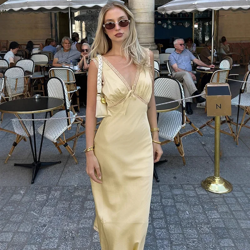 

Elegant Lace Splice Long Dress Female V Neck Bows Sexy Slim Dress Sleeveless Evening Party Clothes Female Summer New