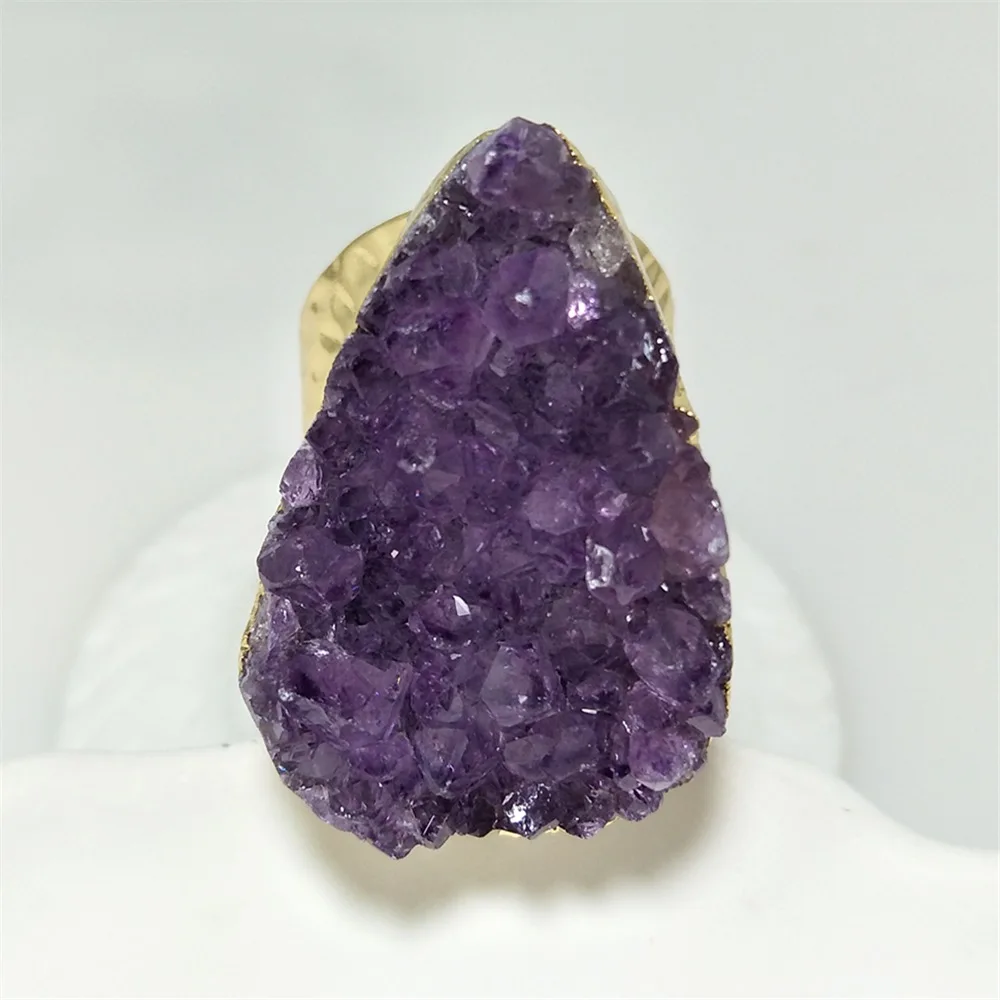 1Pc Natural Water Drop Amethyst Cluster Ring,Golden/Silvery Plated Semi Precious Stone Jewelry For Valentine\'s Day Gift RG043