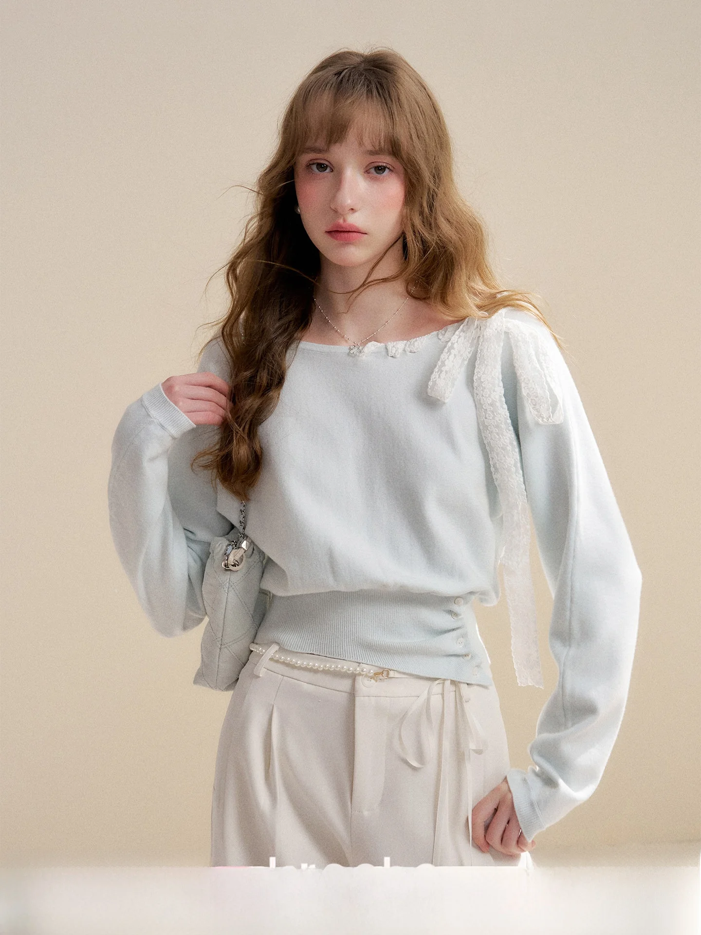 

Romantic Lace Long Sve Knitted Sweater with Rope Pull over Adjustable oulder Strap Women's Daily Wear Comfortable Fit