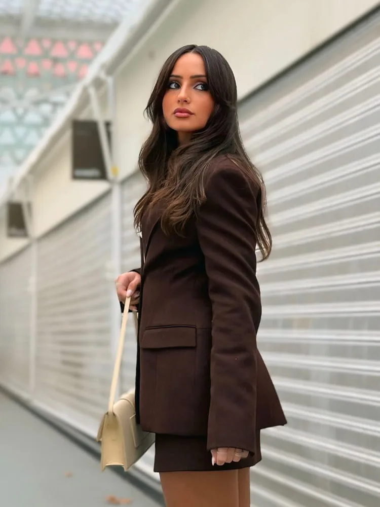 Hh primavera moda feminina ternos marrom turn-down colarinho mangas compridas único breasted blazer + cintura alta saia com zíper conjuntos femininos