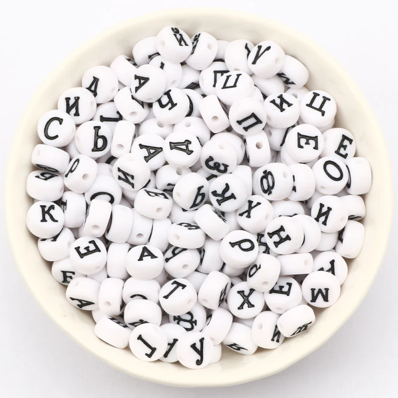 100pcs White Russia Letter Beads Flat Round Acrylic Alphabet Loose Spacer Beads For Jewelry Making DIY Bracelet Accessories