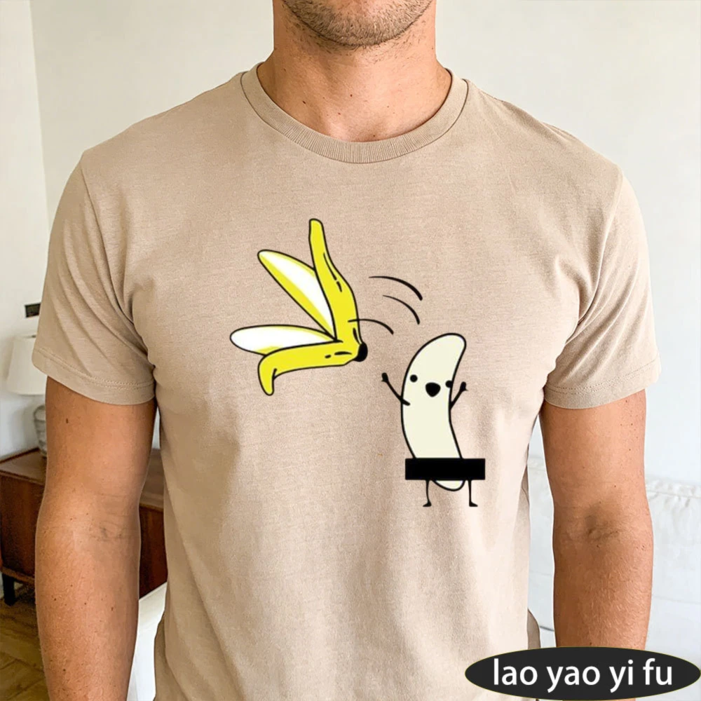 Funny Banana Peel Stripping Cartoon Graphic T Shirt Men Tee Humorous Fruit Pun Top Summer Beach Party Casual Wear