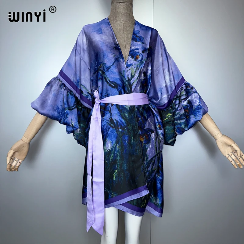 

WINYI Hanfu Kimono with belt Evening dress Beach Wear Cover up Africa women loose puff(ed) sleeves Cardigan boho Holiday kaftan