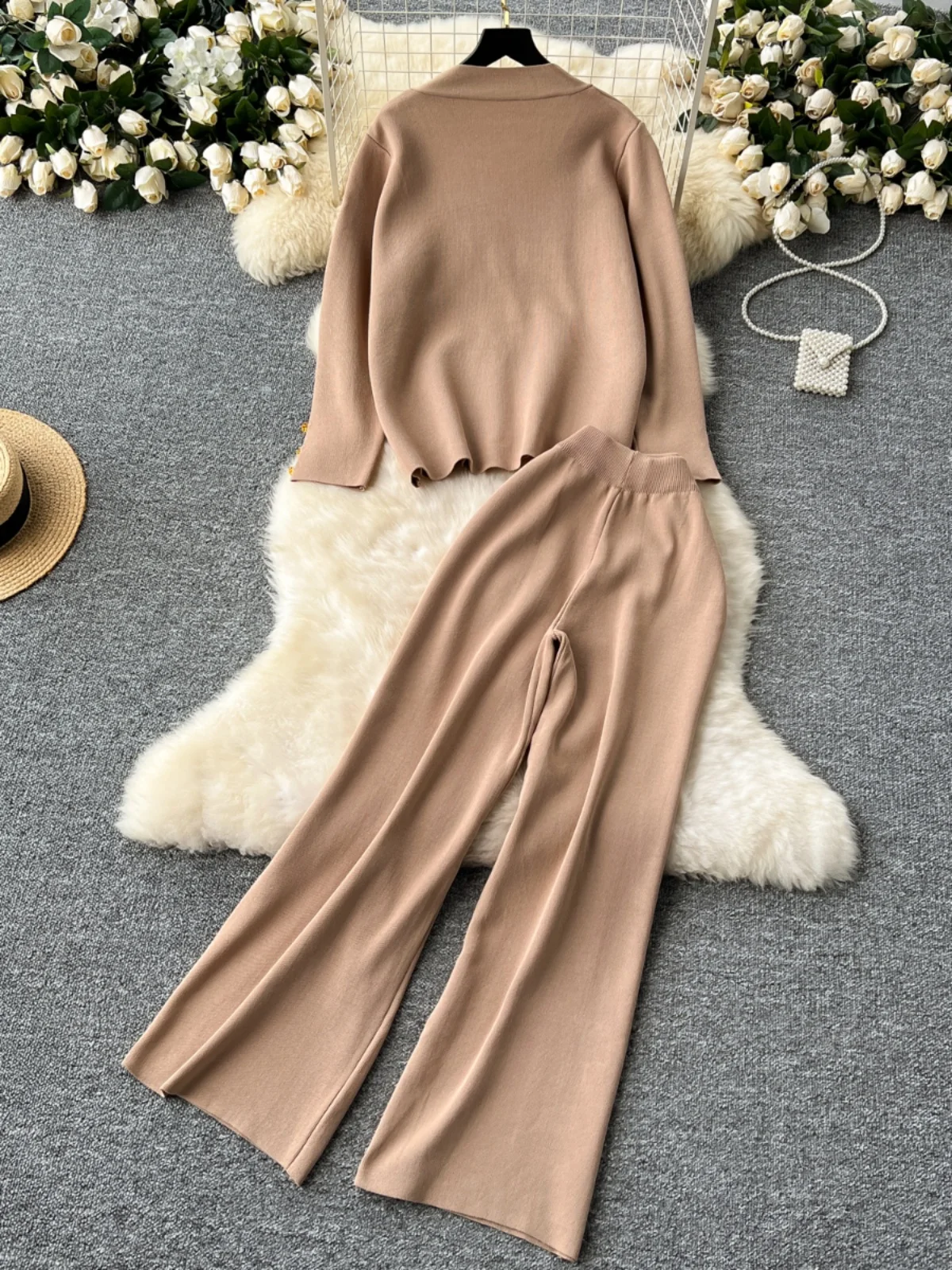 Elegant Women Long Pant Suits Autumn Winter All-Match Gold Buttons Knitted Cardigan+Solid Color Wide Leg Pant 2Pcs Set