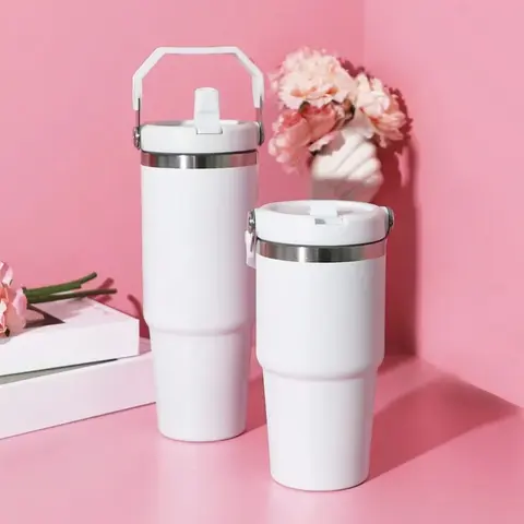 바비 40oz 스테인레스 스틸 절연 텀블러 - 손잡이 및 빨대 뚜껑 포함 여행용 텀블러 11 뚜껑이있는 1pc 진공 텀블러 눈부신 손잡이가있는 스테인레스 스틸 휴대용 물병 절연 텀블러 토트 핸들 20/30OZ