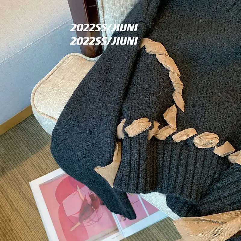 Nomikuma Chic Gauze Bow Bandage Knitted Sweater Casual Long Sleeve O-neck Pullovers 2023 Spring New Short Tops Female
