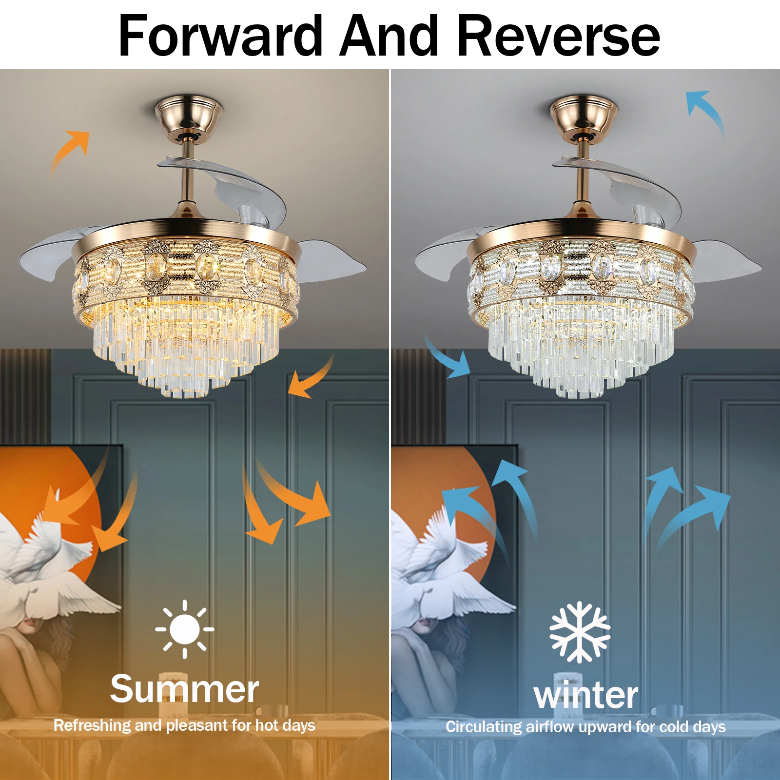 Modern Smart Ceiling Fan Chandelier Gold RC Adjustable 6 Speed Pendant Light Luminaire Bedroom 3 Heads Led Fandelier Lamp Indoor