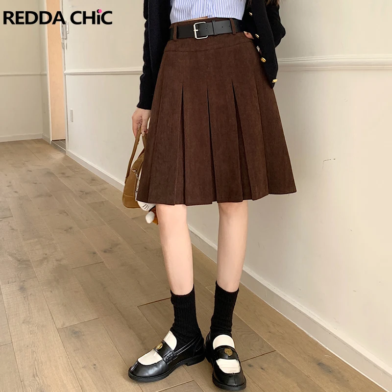 

REDDACHiC Retro Brown Corduroy Knee Long Skirt Women Solid Casual High Rise A-line Pleated Skirt Autumn Winter Korean Streetwear