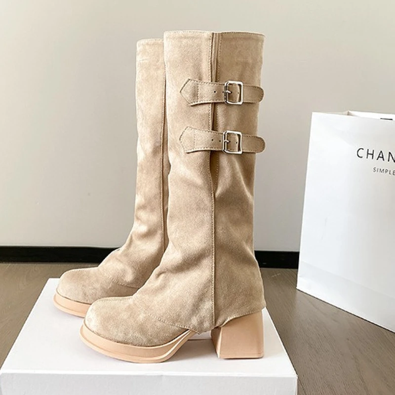 

Осенние ботинки, женские высокие сапоги на платформе с круглым носком, дизайнерские модные высокие сапоги на съемном каблуке, женские высокие сапоги Botas Mujer