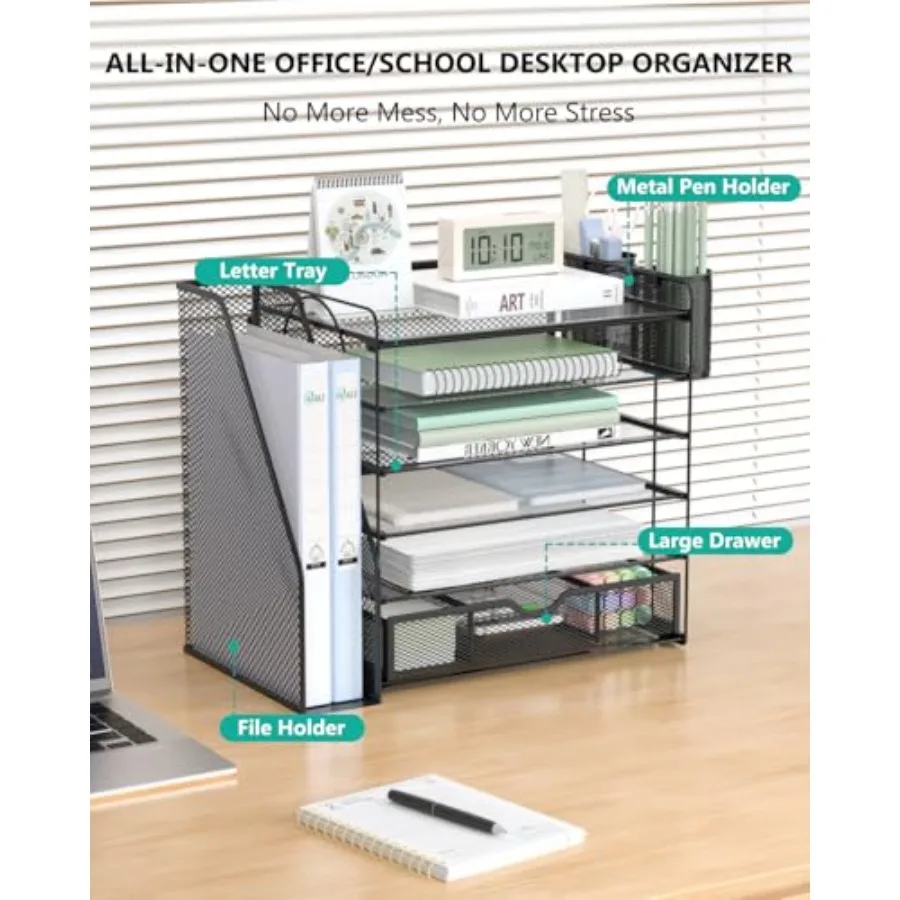 Desk File Organizer, Desktop Paper Letter Tray Organizer with Drawer and 2 Pen Holders, Office Desk Accessories and Workspace O