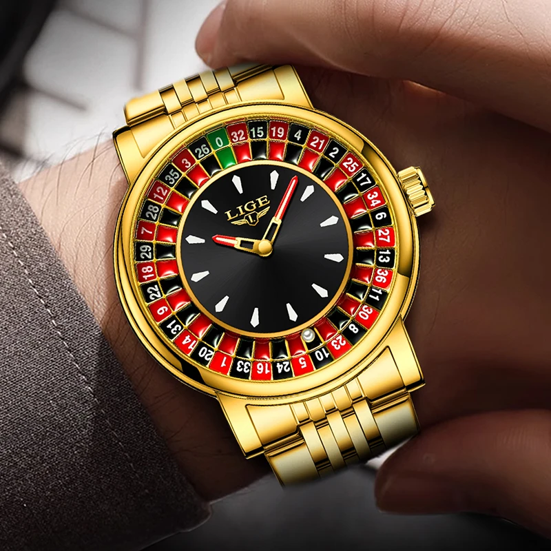 LIGE nuovo orologio al quarzo da uomo in oro moda numeri arabi rotante quadrante da gioco orologio da polso da uomo orologi militari impermeabili per uomo
