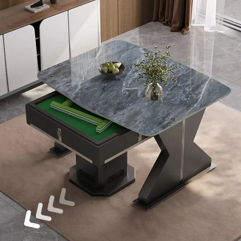 Rock slab dining table mahjong table integrated household induction cooker automatic mahjong machine with fire