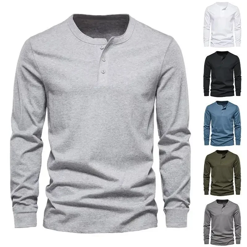 

Spring and Autumn Men's Casual Solid Color Pullover Long sleeved Top Simple Daily Versatile Button Open Sport T-shirt