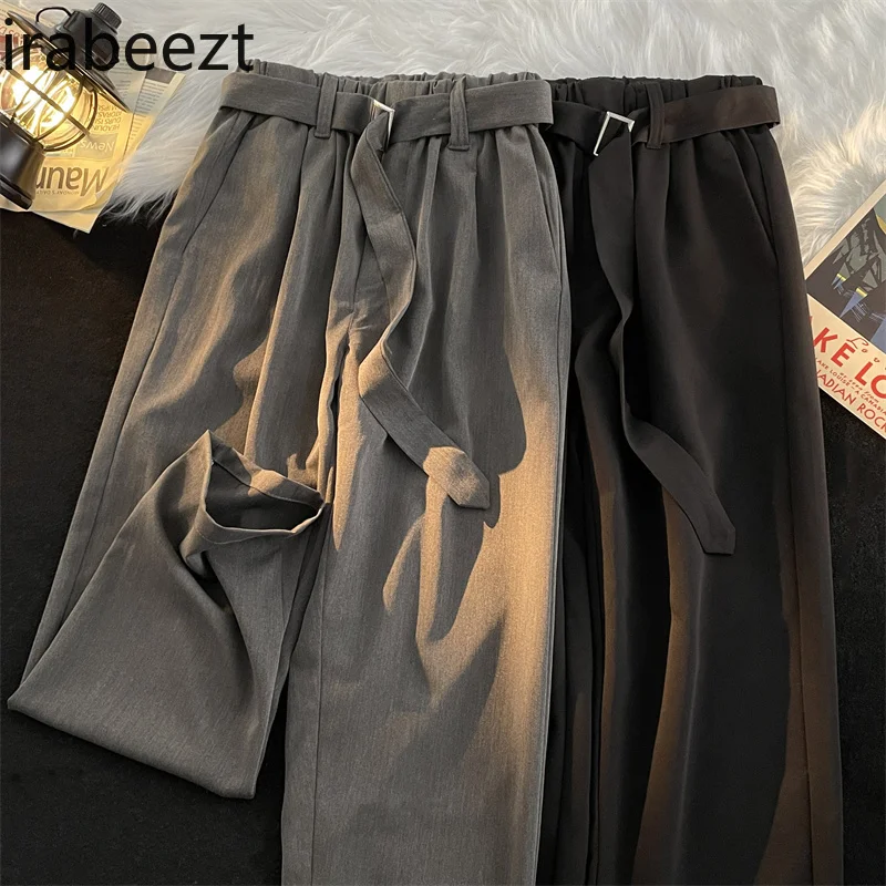 Business Style Solid Color Straight Leg Wide-leg Trousers Men's Retro Loose Drop Belt Suit Pantalones Mujer Pants Women