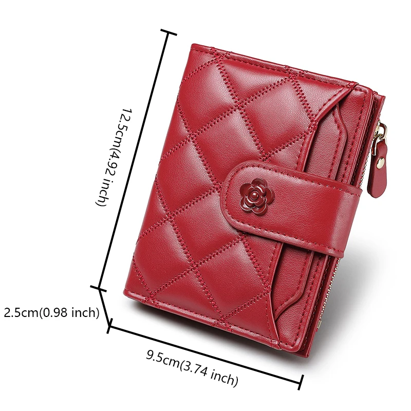 محافظ كلاسيكية للنساء من الجلد الصناعي وحقائب يد منقوشة ومحفظة مع جيب للعملات المعدنية بسحاب وزهرة قصيرة ثنائية الطي