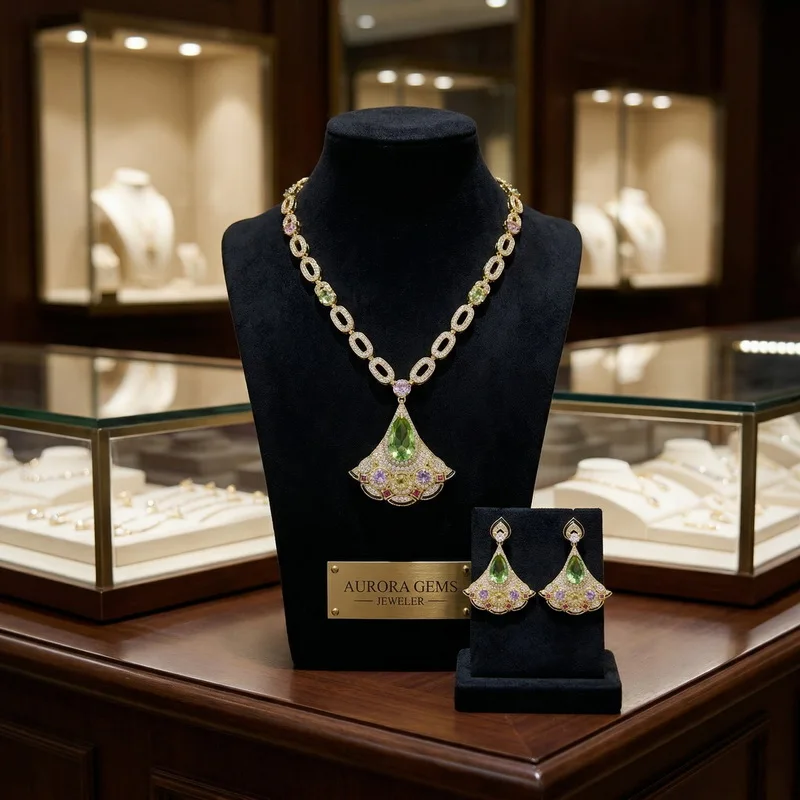 

Europe America Style Necklace Earrings Inlay Colored Cubic Zircon Green Drop shape Fanshaped Pendant Party Jewelry Sets