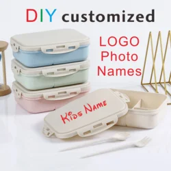 Snack box Customized Lunch Box for Kids Children Name LOGO Cartoon Pattern Cute Picture Photo with Spoon Fork Eco Material Gift