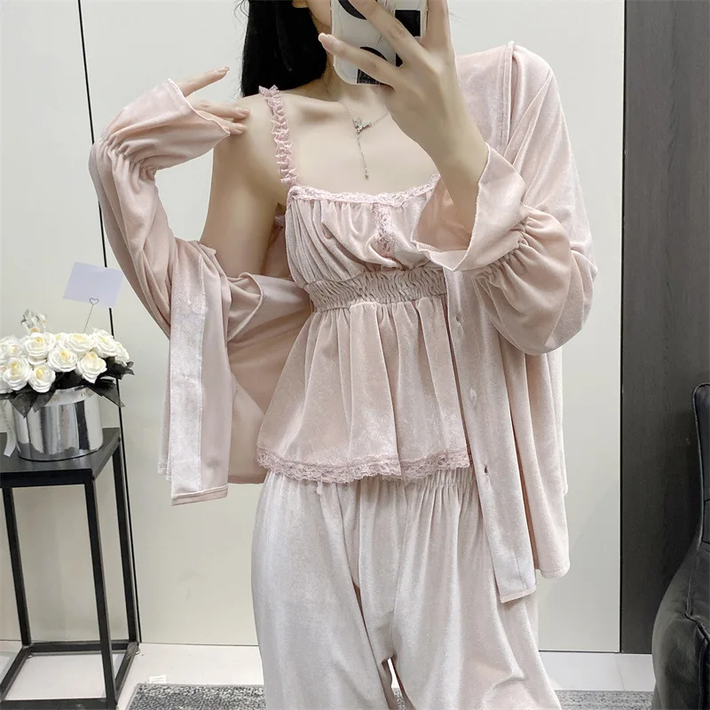

3 Piece Set Satin Pajamas Solid Color Sleepwear Female Sexy Cami Trousers Suit Autumn Loungewear Nightgown Women Home Clothes