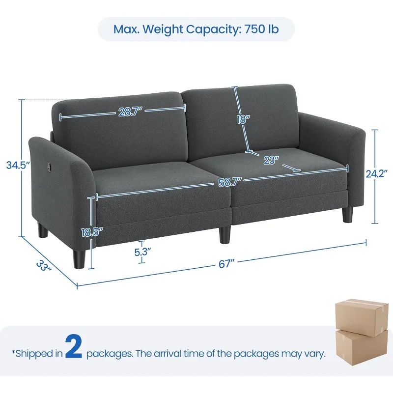 home.67 "W أريكة قماش الأريكة 2 مقاعد أريكة Loveseat مع منافذ شحن USB أريكة منجدة غرفة المعيشة مكتب غرفة نوم