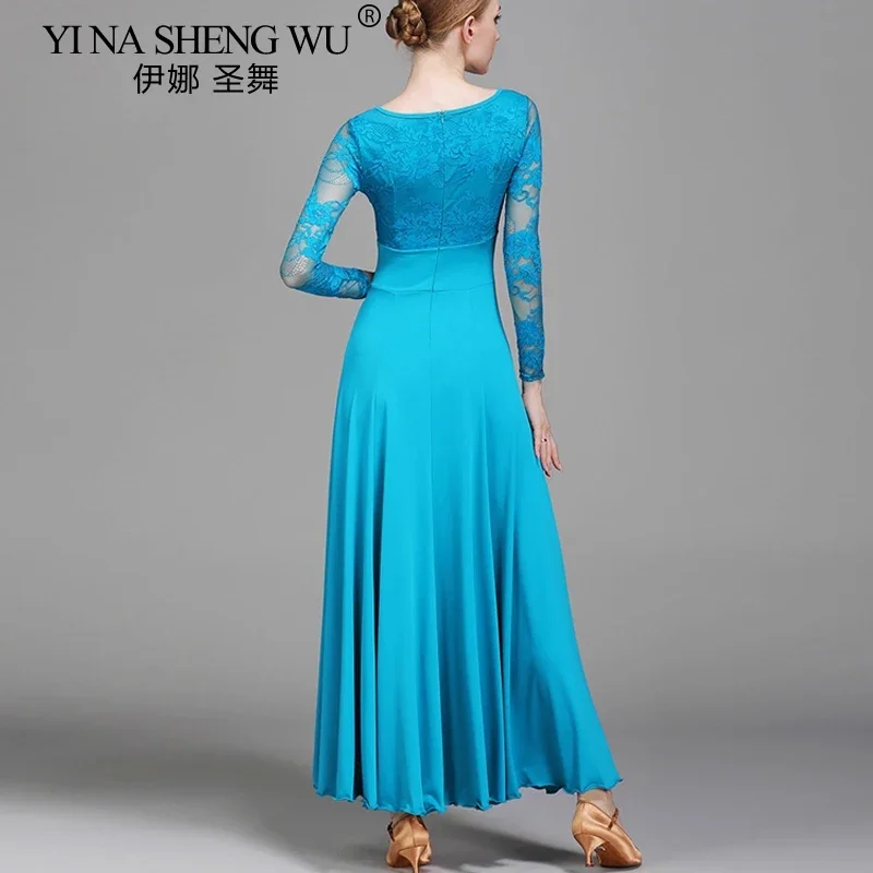 Dames Volwassen Standaard Ballroom Dans Jurk Kanten Mouw Flamenco Wals Stage Performance Rok Elegante Dansers Danskleding