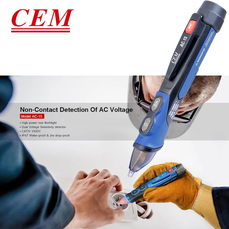 CEM AC-15 NCV التيار المتناوب جهاز قياس الجهد الكهربائي عدم الاتصال كاشف جهد القلم الكهربائي يده المزدوج المدى الفولتميتر 12-1000 فولت و 100-1000 فولت