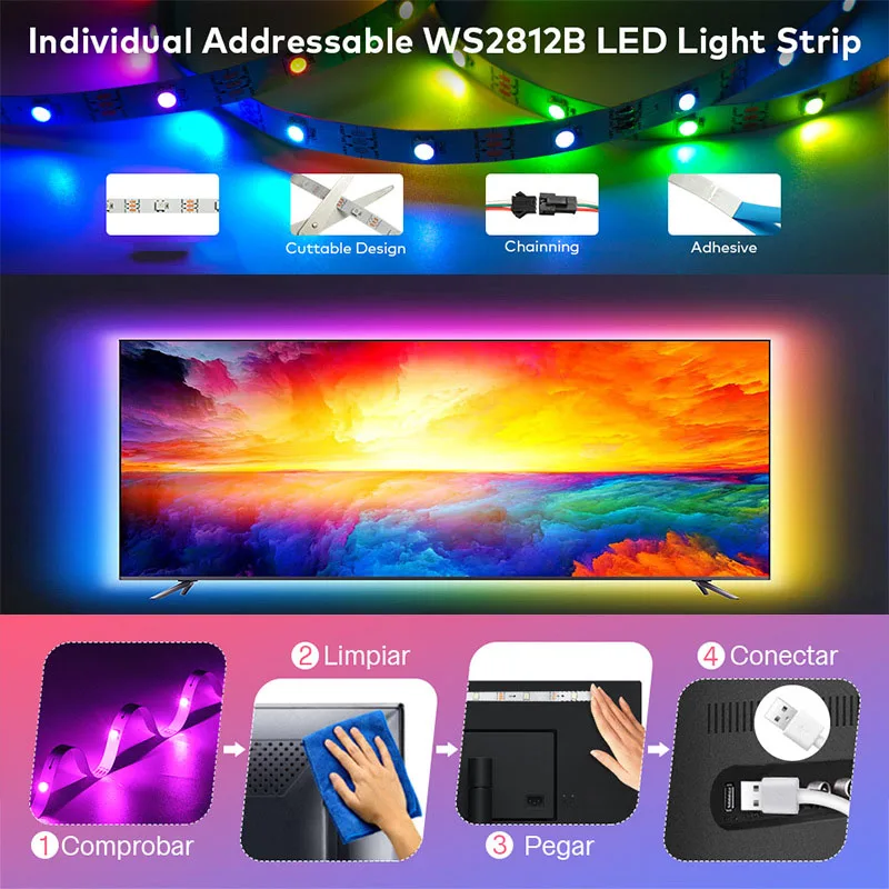 الموسيقى مزامنة WS2812B RGBIC Led قطاع ضوء حلم اللون شرائط مصباح بلوتوث App التحكم 5 فولت USB PC TV المنزل احتفالي جو ضوء #4