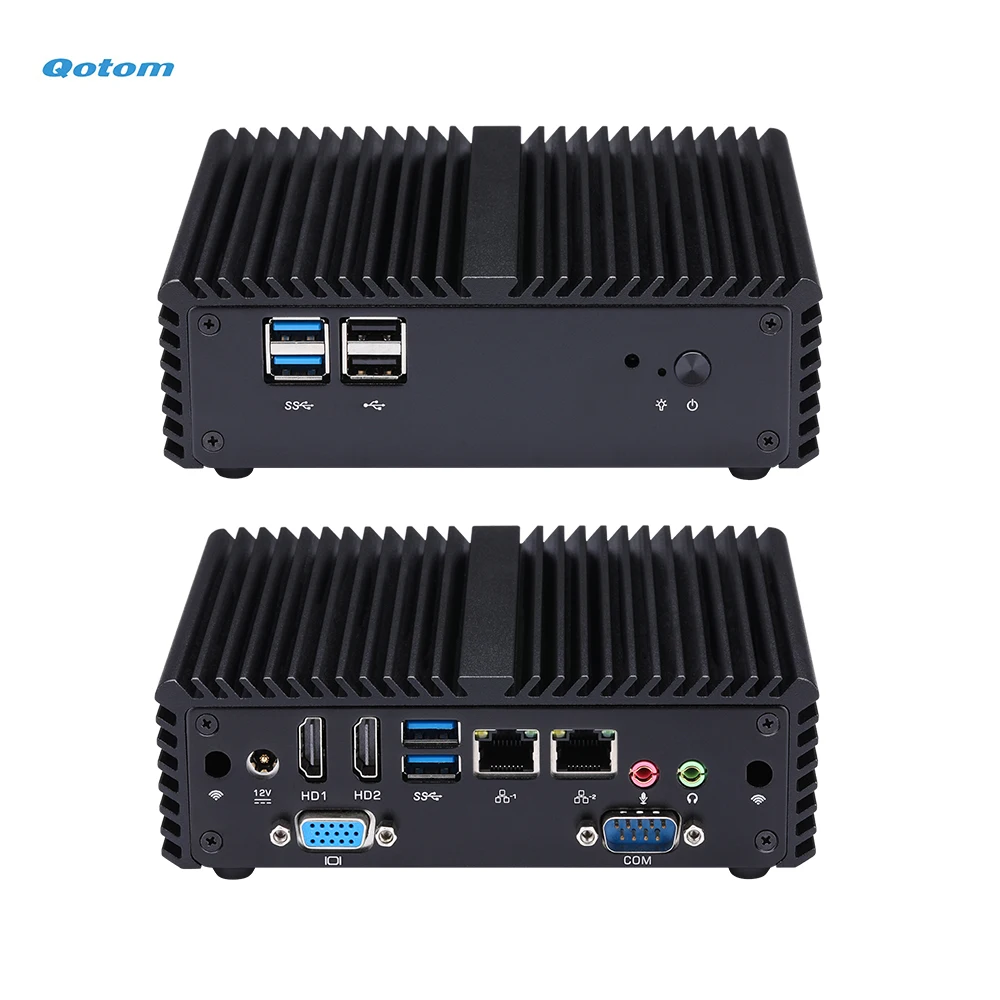 Qotom Fanless Mini PC J3710 Aluminum Industrial Computer Dual LAN 2xHD VGA RS232 6xUSB Windows 10 Linux Legacy/UEFI Boot Modes