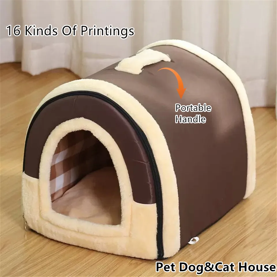 Hanpanda Portable Handle Type House For Cats 16 Kinds Printings Semi-enclosed 3D Plush Removable&Washable Warm Cat Villa Tent