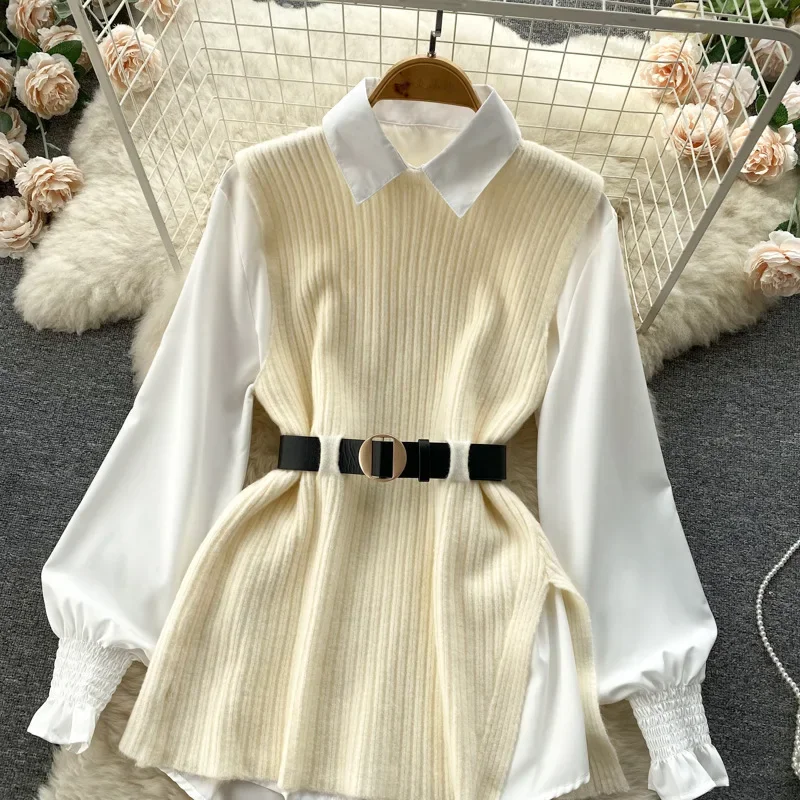 เสื้อกั๊กถักแฟชั่นและเสื้อเชิ้ต ชุดสองชิ้นสำหรับผู้หญิง เสื้อเชิ้ตแขนยาวคอปกโปโล เสื้อกั๊กยาวปานกลางสำหรับผู้หญิง ฤดูใบไม้ผลิ ฤดูใบไม้ร่วง