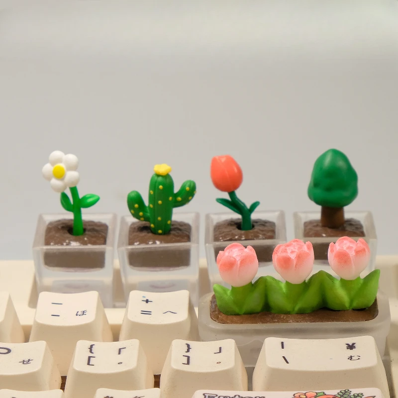 arte caps chave kawaii handmade cartoon presente teclado mecanico bonito tulipas plantas transparente keycaps personalizado rosa 01