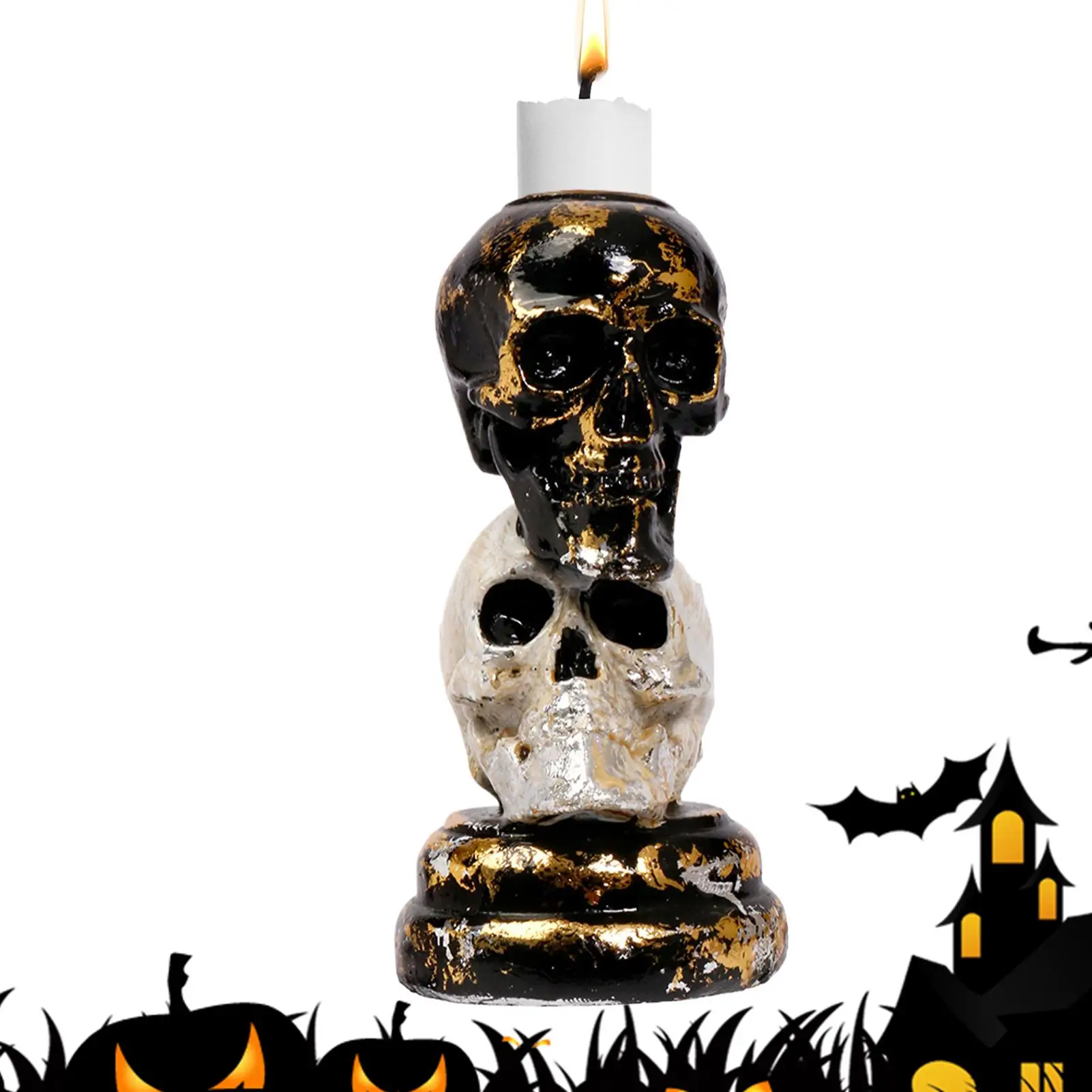 Two-Tone Resin Spooky Skull Candlestick Holders Resin Gothic Spooky Ornament Table Decor Skull Candlestick Halloween Decorations