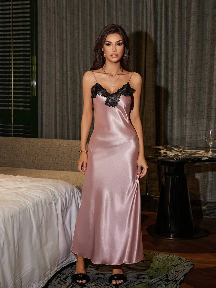 

Womens Satin Spaghetti Strap Maxi Dress With Lace Detail Deep V Neck Nightgown Slip Dress