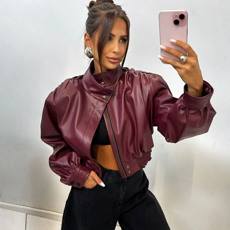 Talenza Giacca in pelle da donna vintage Autunno New Fashion Streetwear Giacca corta con cerniera Colletto alla coreana di lusso Capispalla femminile