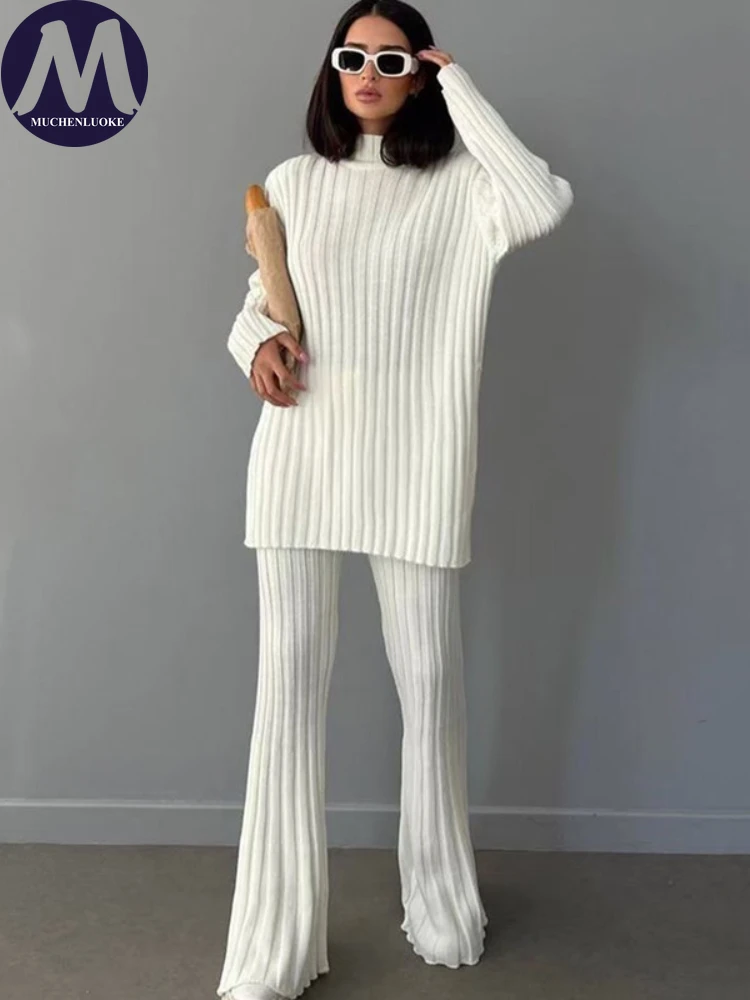 

Женский комплект из 2 предметов, трикотажный свитер с коротким воротником и брюки с широкими штанинами на осень и зиму, 2023